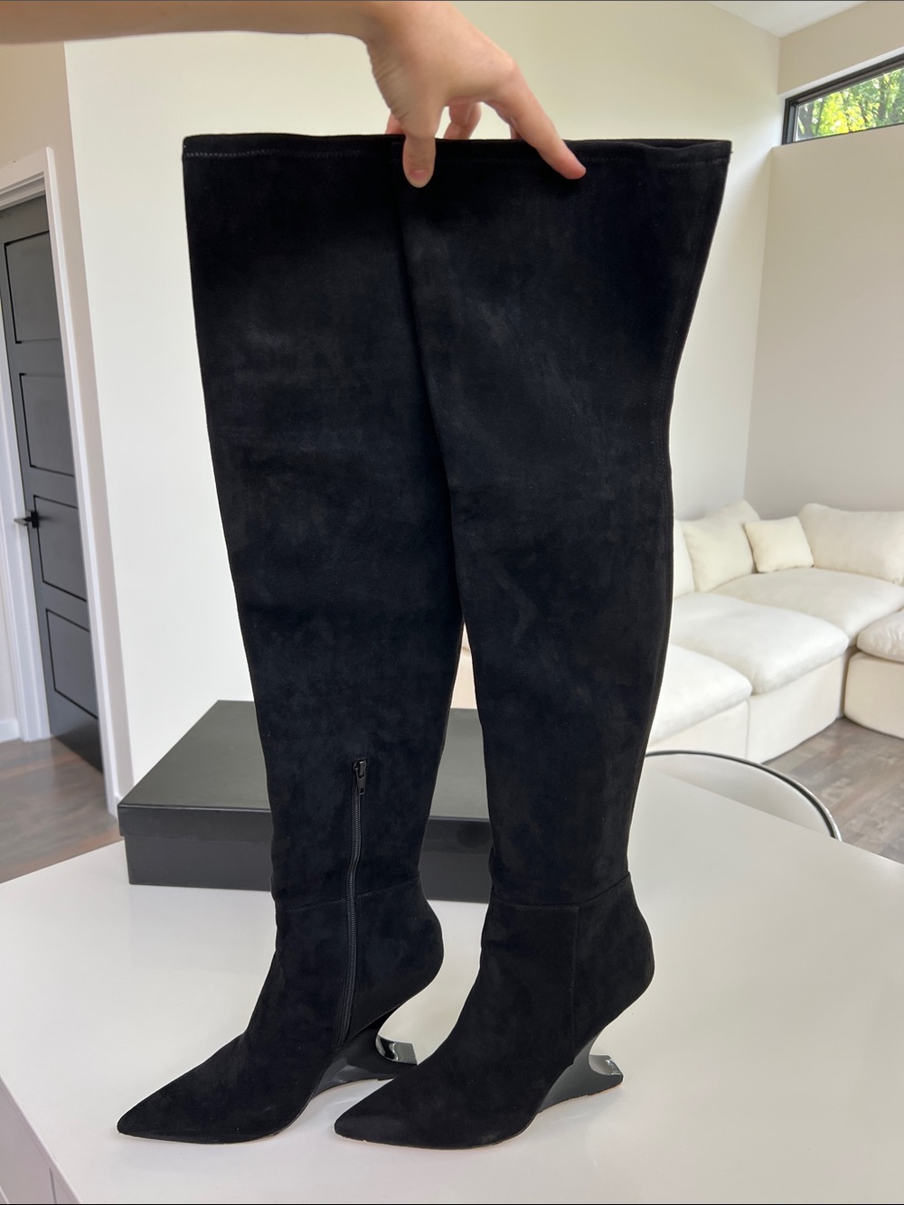 A.A.Y. by Aminah Abdul Jillil luna black suede over the knee boots geometric he